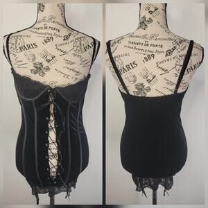 Escante Lingerie Corset Dress SZ Small Velvet Bustier Black Garters